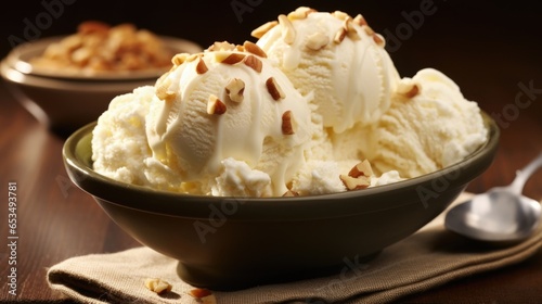 A visuallyarresting image that displays a sprinkling of finely chopped macadamia nuts delicately adorning a decadent scoop of creamy vanilla ice cream, hinting at the delightful combination