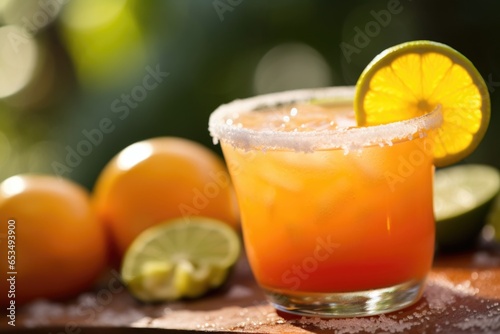 A visually stunning shot of a fruity cayenne pepperinfused margarita, perfectly rimmed with ed salt, the vibrant orange tail giving off a subtle warmth through its deliciously balanced iness.