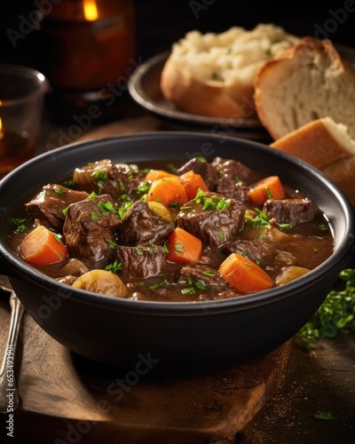 A steaming bowl of hearty beef stew invites exploration, as tender chunks of meat mingle with a medley of root vegetables, simmering in a rich broth infused with the warmth of black pepper.