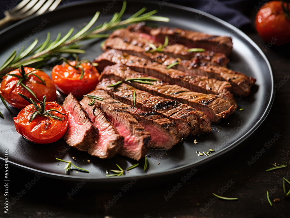Grilled sliced steak with tomatoes and rosemary. Serve on a black plat on dark color background.