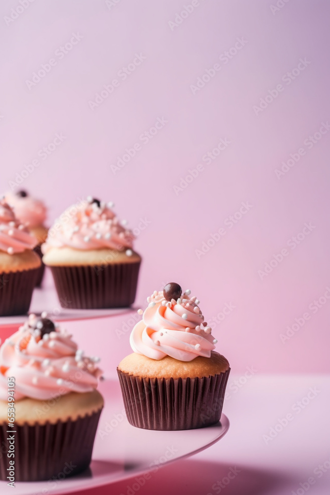 Sweet cupcakes on a round stand. Generative AI Sweet cupcakes on a round stand. Generative AI