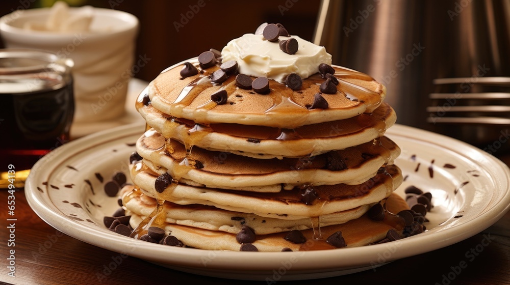 A mouthwatering plate of pancakes adorned with a delightful assortment of chocolate chips, transforming the classic breakfast into a delightful treat. - obrazy, fototapety, plakaty 