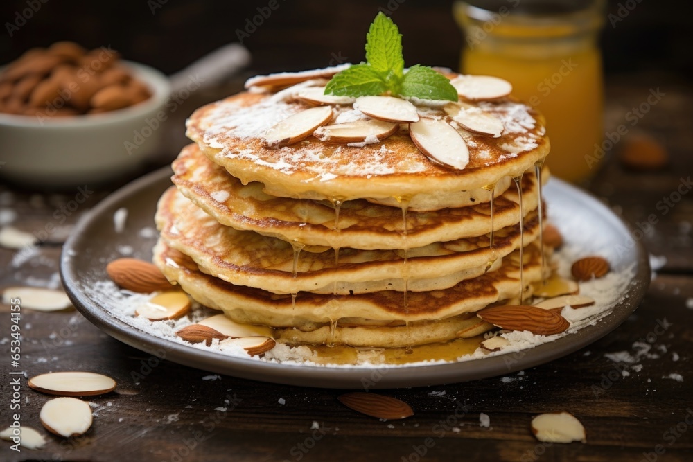 A stack of paleofriendly pancakes, crafted with almond flour and coconut milk, garnished with a sprinkling of toasted almonds and a drizzle of honey. A stack of paleofriendly pancakes, crafted with almond flour and coconut milk, garnished with a sprinkling of toasted almonds and a drizzle of honey.