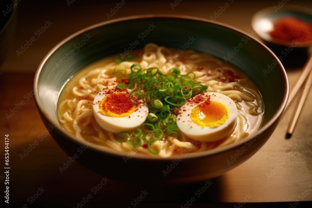 An overhead shot capturing the sensory delight of a steaming bowl of ramen, featuring delicate handpulled noodles swimming in a velvety, creamy broth with a hint of miso and topped with