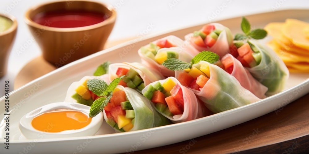 These refreshing and nutritious spring rolls are filled with vibrant, thinly sliced summer fruits like watermelon, pineapple, and papaya, paired with velvety avocado, and served with a creamy