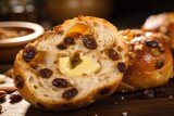 In this closeup shot, a warm, cinnamon raisin bagel is delicately sliced open to reveal its soft, doughy core speckled with plump, sweet raisins. A generous spread of honey er melts into