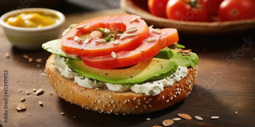 A closeup shot of a glutenfree bagel highlights its unique texture, which is softer and more delicate compared to traditional counterparts. Topped with a creamy avocado spread and vibrant