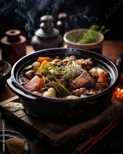 A moody shot capturing the essence of a cozy winter meal, featuring a steaming hot pot of soba stew b with hearty chunks of roasted root vegetables, earthy shiitake mushrooms, and succulent