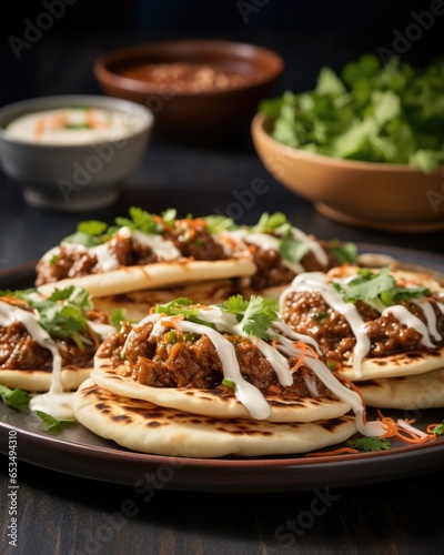 A side view showcases a platter of pipinghot pupusas, each unique in its filling, including the classic combination of refried beans, creamy cheese, and minced pork, enticing the viewer photo