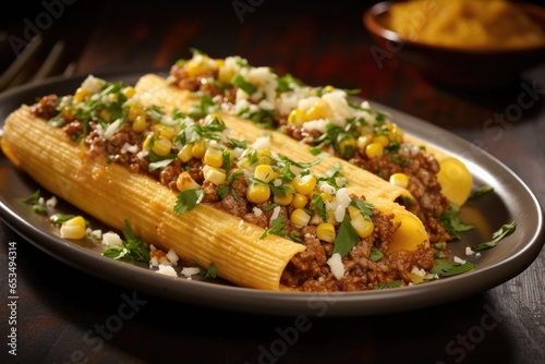 Picture number five highlights a classic Mexican tamale with a twist. Bright yellow corn masa encases a melange of slowcooked, birriastyle beef and a sprinkling of tangy, crumbled queso photo