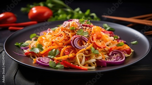 A visually striking shot capturing a bowl filled with a colorful mix of spiralized carrots, thinly sliced red cabbage, and crunchy julienned bell peppers, lightly dressed with a tangy sesame