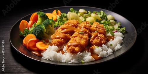A closeup shot showcases a tantalizing vegetarian katsu curry, featuring a selection of hearty vegetable lets generously smothered in a rich, homemade curry sauce. The combination of crunchy