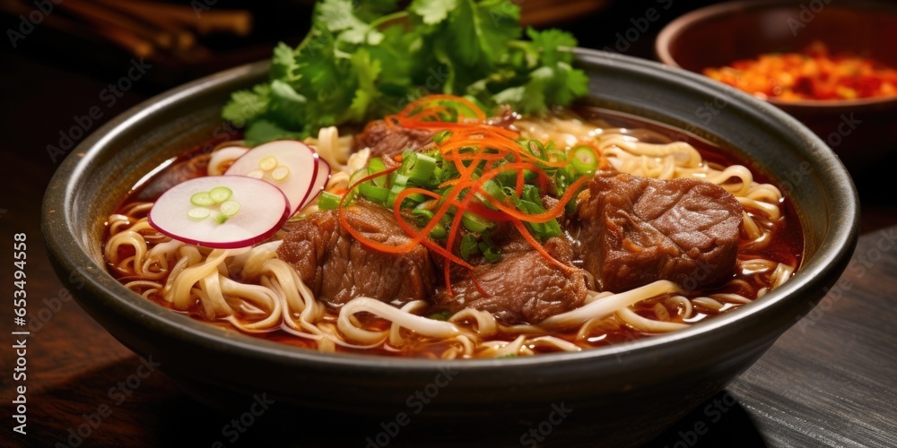 A flavorful bowl of Bun Bo Hue, a y beef noodle soup rich in umami