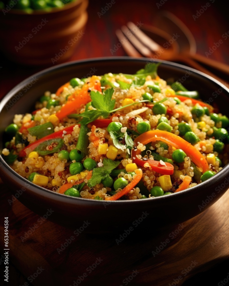 A steaming bowl of quinoa and vegetable stirfry, showcasing a vibrant medley of nutritious ingredients including quinoa, carrots, bell peppers, onions, and peas, lightly saut ed in a fragrant