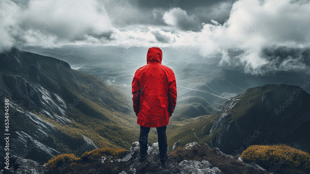 Obraz premium A men wearing a bright red raincoat at the peak of the mountain watching the valley downhill.