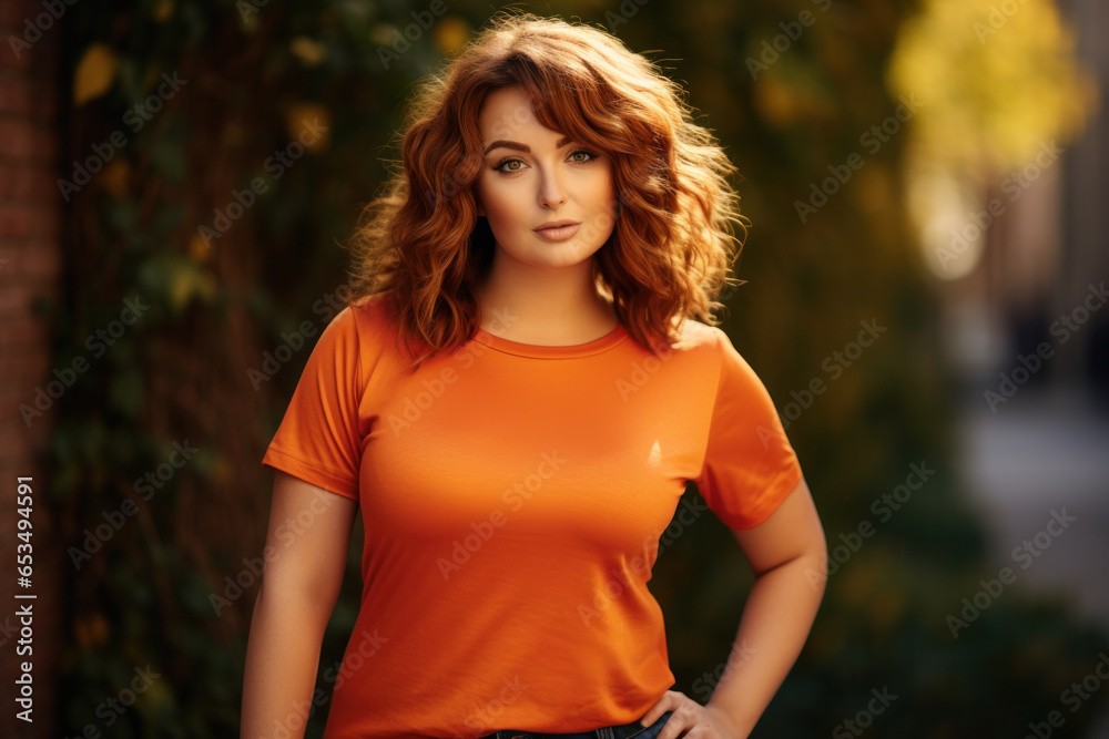 Happy plus size model in blue dress outdoors, fat woman in autumn park among yellow leaves, beauty in nature Happy plus size model in blue dress outdoors, fat woman in autumn park among yellow leaves, beauty in nature