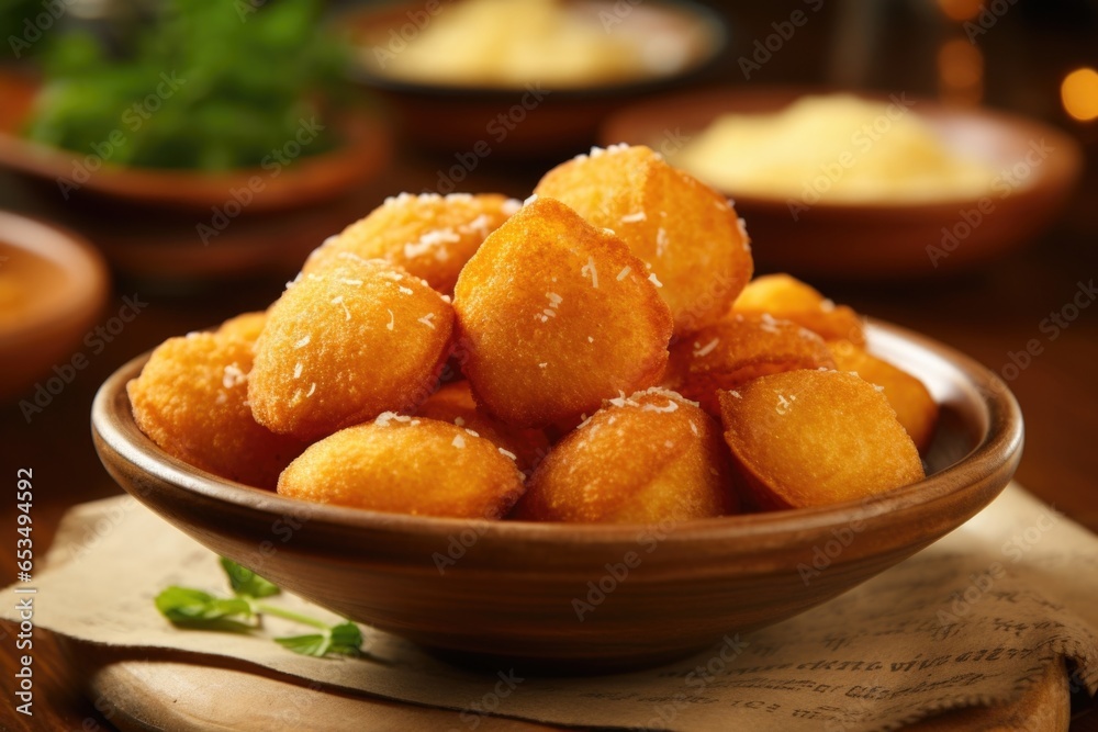 A mouthwatering display of bu uelos, bitesized cheese fritters made with a combination of cornmeal and cheese, deepfried until golden and crispy, offering a delightful blend of savory and A mouthwatering display of bu uelos, bitesized cheese fritters made with a combination of cornmeal and cheese, deepfried until golden and crispy, offering a delightful blend of savory and
