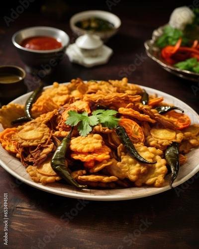 A delightful plate of crispy bhajiyas, featuring slices of battered and deepfried vegetables, such as onions, potatoes, and bell peppers, resulting in a crispy and flavorful snack that pairs