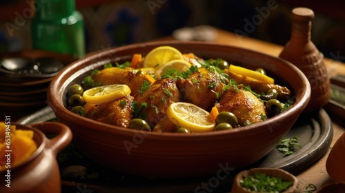 The famous Moroccan dish of chicken tagine with preserved lemons and olives delivers an explosion of flavors. Slowcooked with fragrant es like turmeric, ginger, and cinnamon, it features