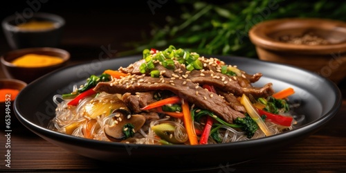 Tempting shot of a vibrant dish of japchae, a stirfried glass noodle dish tossed with an assortment of colorful vegetables, succulent slices of beef, and a subtle blend of sesame oil and