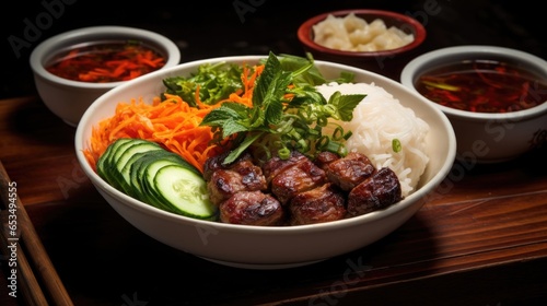 A feast for the senses, a bowl of Bun Cha comprises grilled pork patties, smoky charred pork belly, tangy pickled vegetables, fresh herbs, and fluffy rice noodles, all swimming in a fragrant