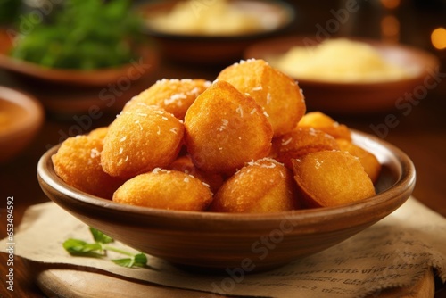 A mouthwatering display of bu uelos, bitesized cheese fritters made with a combination of cornmeal and cheese, deepfried until golden and crispy, offering a delightful blend of savory and photo