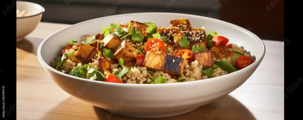 A mouthwatering quinoa bowl showcasing the vibrant flavors of Asia, with marinated tofu, crisp stirfried vegetables, and a drizzle of soy sauce that adds a perfect umami kick to every bite.