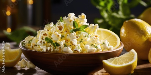 An enticing snapshot capturing popcorn effortlessly tossed in a vibrant blend of zesty lemon zest and finely grated Parmesan cheese, creating a tantalizing balance between tangy citrus and photo