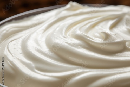 A delectable image of sour cream, showcasing its creamy and tangy consistency, produced by the fermentation of cream with lactic acid bacteria, known for adding a rich flavor profile to