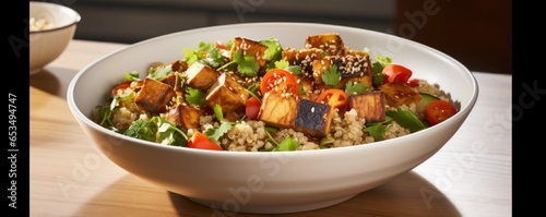 A mouthwatering quinoa bowl showcasing the vibrant flavors of Asia, with marinated tofu, crisp stirfried vegetables, and a drizzle of soy sauce that adds a perfect umami kick to every bite.