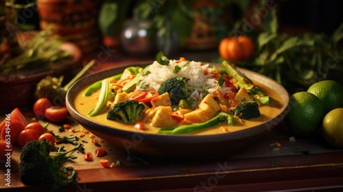 A visually appealing shot of CBDinfused vegan coconut curry, showcasing a medley of vibrant vegetables simmered in a creamy coconut sauce infused with CBD, offering a nourishing and calming