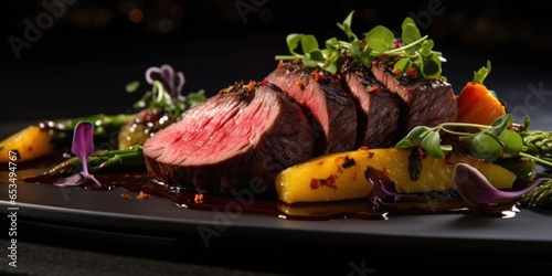 In this visually striking shot, a selection of grassfed game meats, including venison and bison, are expertly cooked and beautifully presented. Their deep, rich colors hint at their robust photo