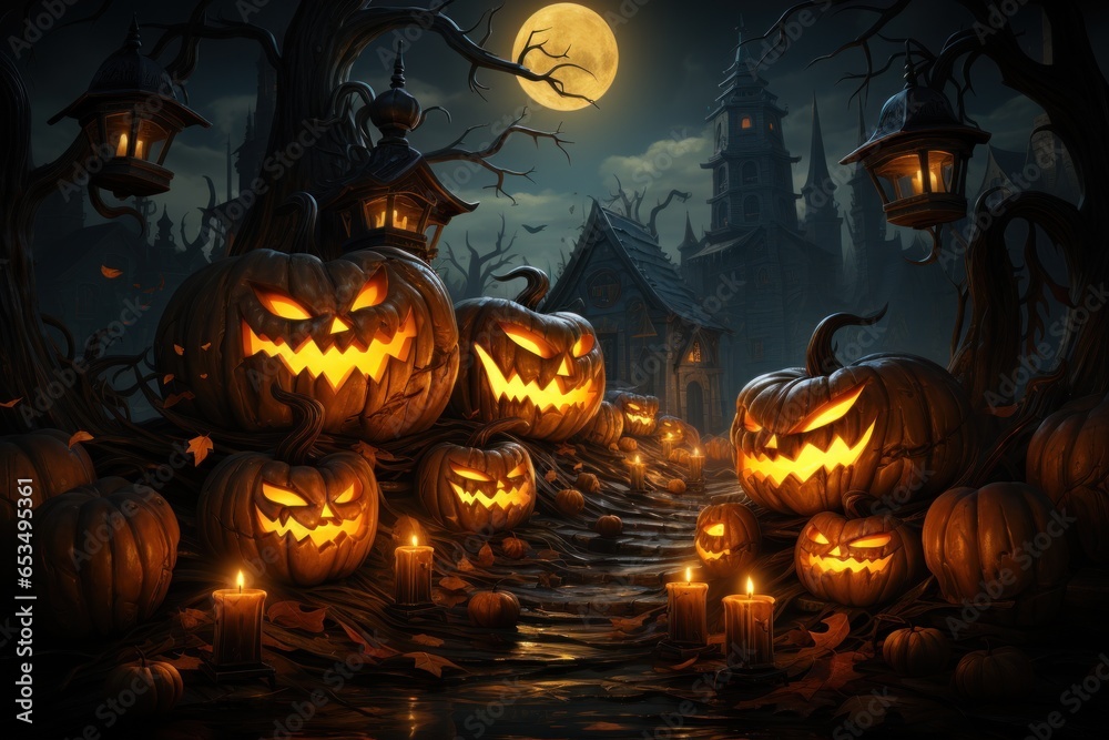Spooky digital illustration of a group of jack-o'-lanterns with sinister, grimacing expressions, illuminated by candlelight. Generative Ai Spooky digital illustration of a group of jack-o'-lanterns with sinister, grimacing expressions, illuminated by candlelight. Generative Ai