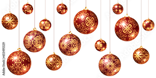 Christmas baubles, transparent PNG design elements. 3D render. Red and gold.