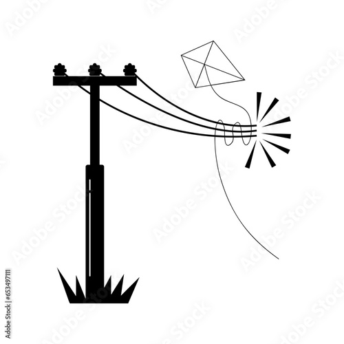 A kite caught on an electricity pole explodes. Continuous line drawing flying kite.