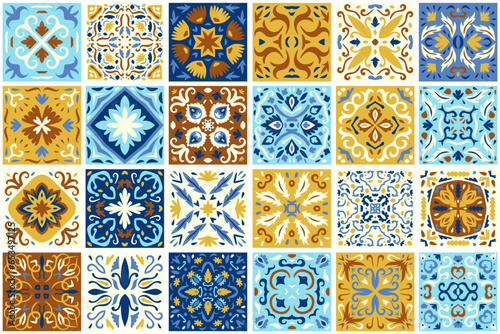 Set of patterned azulejo floor tiles background. Seamless colorful pattern. Abstract geometric patchwork. Collection of ceramic tiles in turkish style. Portuguese and Spain decor. Islam  Arabic