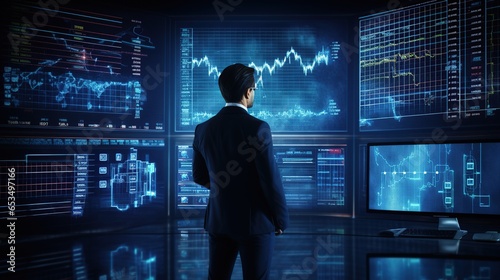 Businessman analyzing financial investment graph with computer. AI generated