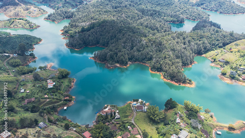 Landscape of the guatape dam aerial view. Guatape, Antioquia, Colombia.