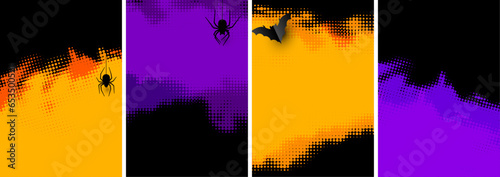 Abstract orange and purple halftone backgrounds with black frame and spiders.