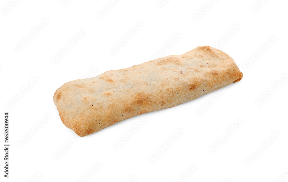 Delicious strudel with tasty filling isolated on white Delicious strudel with tasty filling isolated on white