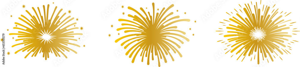 Set of golden firework icons. Fireworks with stars and sparks .Firework simple black line icons.