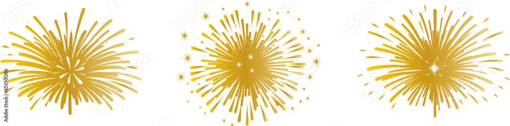 Set of golden firework icons. Fireworks with stars and sparks .Firework simple black line icons. Set of golden firework icons. Fireworks with stars and sparks .Firework simple black line icons.
