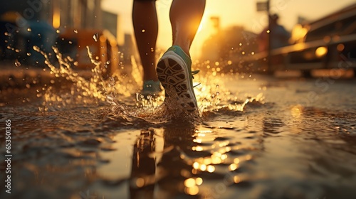 running feet exercise for health of trail runner in the morning sunrise. 