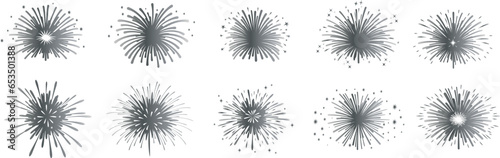 Set of silver firework icons. Fireworks with stars and sparks .Firework simple black line icons.