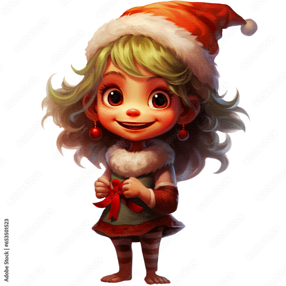 Fototapeta premium Christmas elf character Isolated on transparent background. Smiling elf. Happy elf with gift box