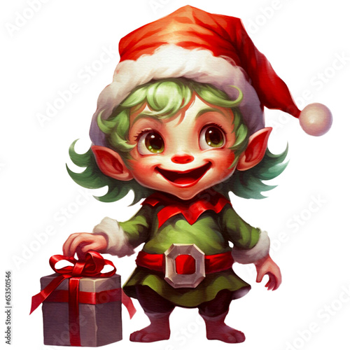 Happy Elf wearing a Santa red hat on Christmas holding a gift box, Christmas characters Decorative. isolated on a Transparent background.