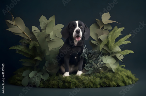 dog in a cricular podium with plants, dark background, paper art style photo