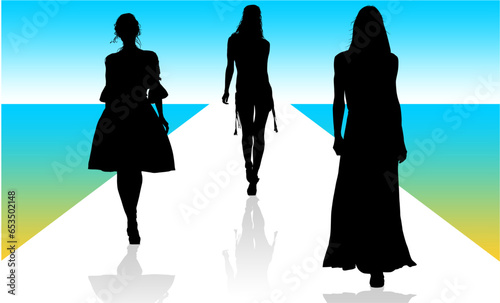 pasrela, silueta, vector, moda, modelos