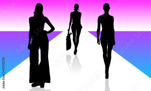 pasrela, silueta, vector, moda, modelos