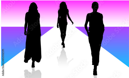 pasrela, silueta, vector, moda, modelos